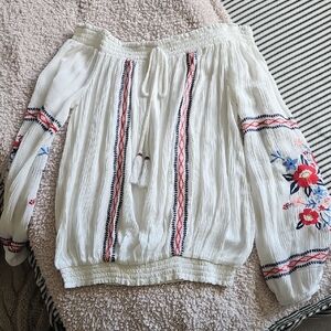 Xhilaration White Blouse with Colorful Embroidery